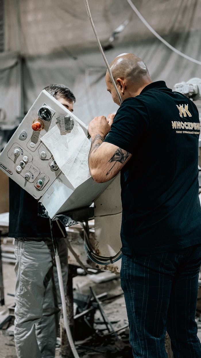 Two workers manage a control panel in an industrial setting, collaborating on machinery.
