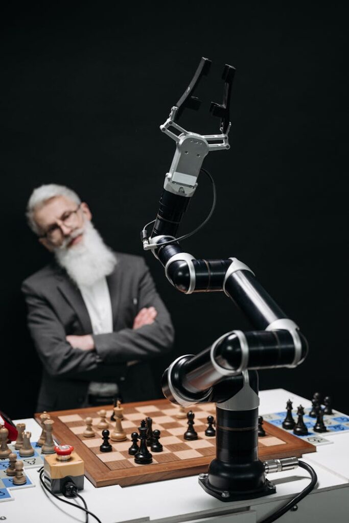 Mastering the First Impression: Your intriguing post title goes here A robotic arm versus a thoughtful man in a strategic chess game indoors.
